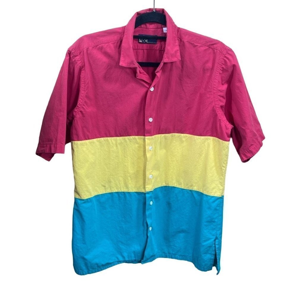 Traders & Sons Men's Button Front Color-Block Shirt Red, Yellow, Green Size M Me